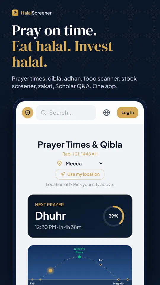 HalalScreener Android app showing prayer times and qibla